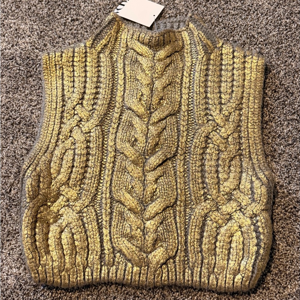 NWT - Zara Gold Metallic Cable Knit Sweater Vest - Picture 4 of 6